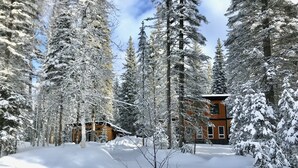 En stuga omgiven av snötäckta träd, med en klar himmel ovanför.
