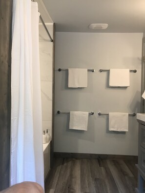 Hair dryer, towels, soap, toilet paper