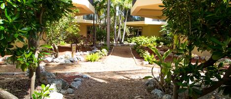 A courtyard with a central pathway surrounded by greenery and rocks, leading to a building with yellow walls and large umbrellas.