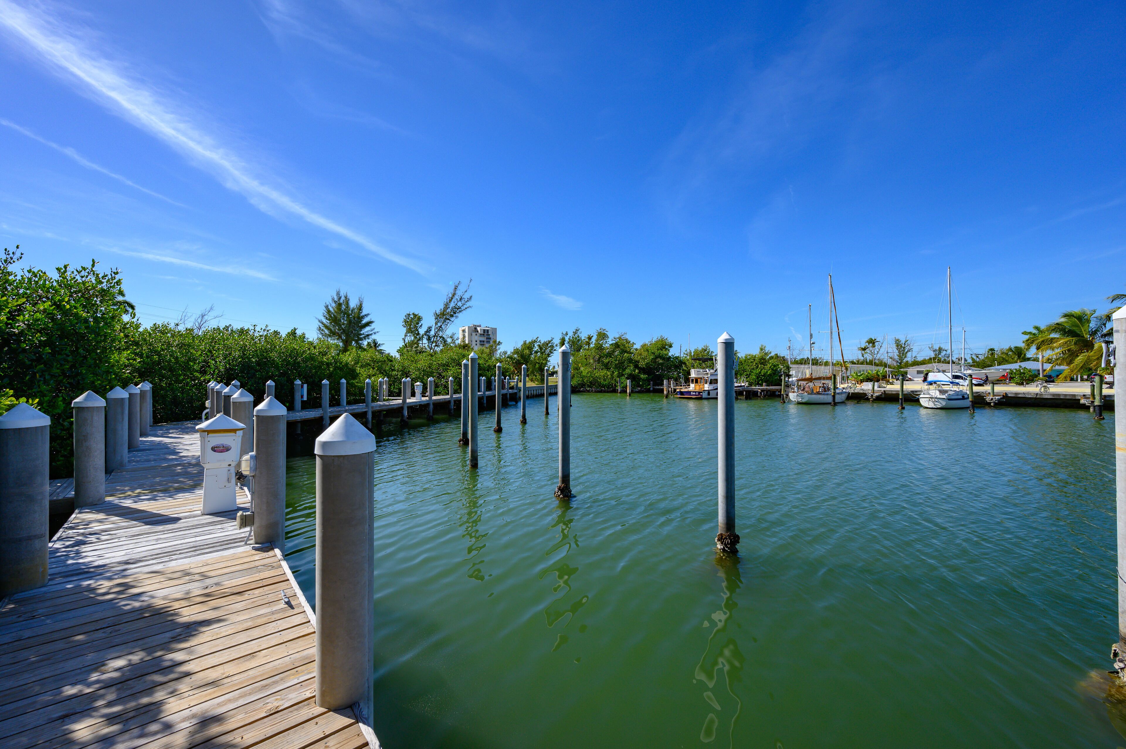 A wooden dock extending into calm water with boats docked in the background.