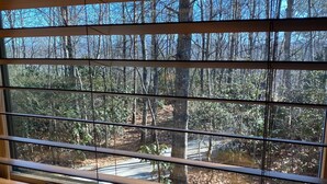 A view through wooden blinds of a forested area with a clear sky. - Authentic 1850’s Settlers cabin  High Speed Internet (Hendersonville)
