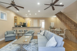 Smart TV, fireplace, books, video library