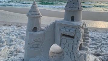 On the beach, sun loungers