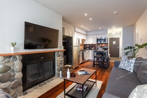 Smart TV, fireplace, Netflix, books