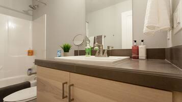 Combined shower/tub, hair dryer, towels, soap