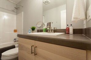 Combined shower/bathtub, hair dryer, towels, soap