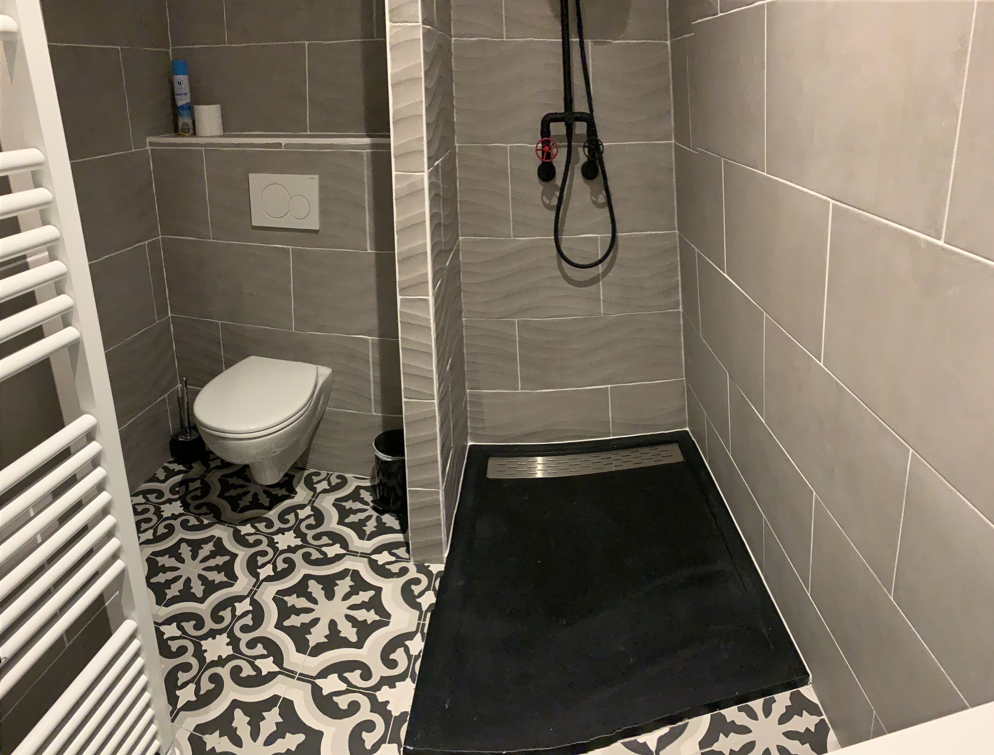 Ein Badezimmer mit Toilette, einer Dusche inklusive Duschschlauch und Fliesenboden mit Muster.