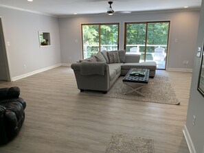 Smart TV, fireplace, table football, books