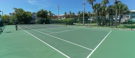 Cancha de tenis con red, rodeada por una cerca y palmeras.