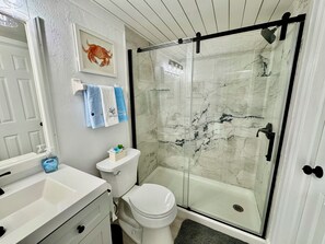 Douche, séchoir à cheveux, serviettes fournies, savon