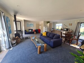 Smart TV, fireplace, DVD player, books