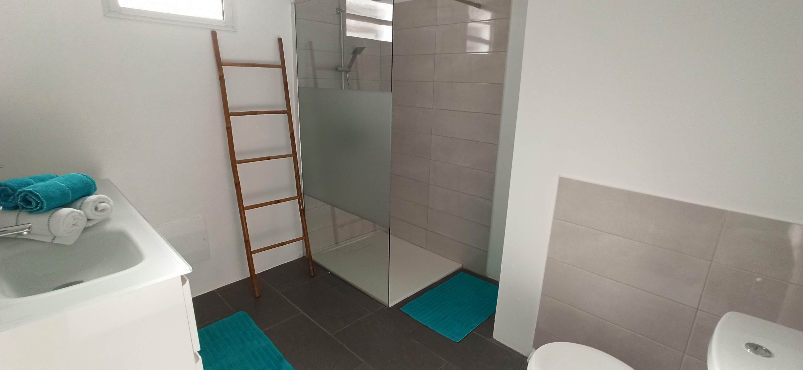 Ein Badezimmer mit Duschkabine aus Glas, einem weißen Waschbecken und einer Toilette.