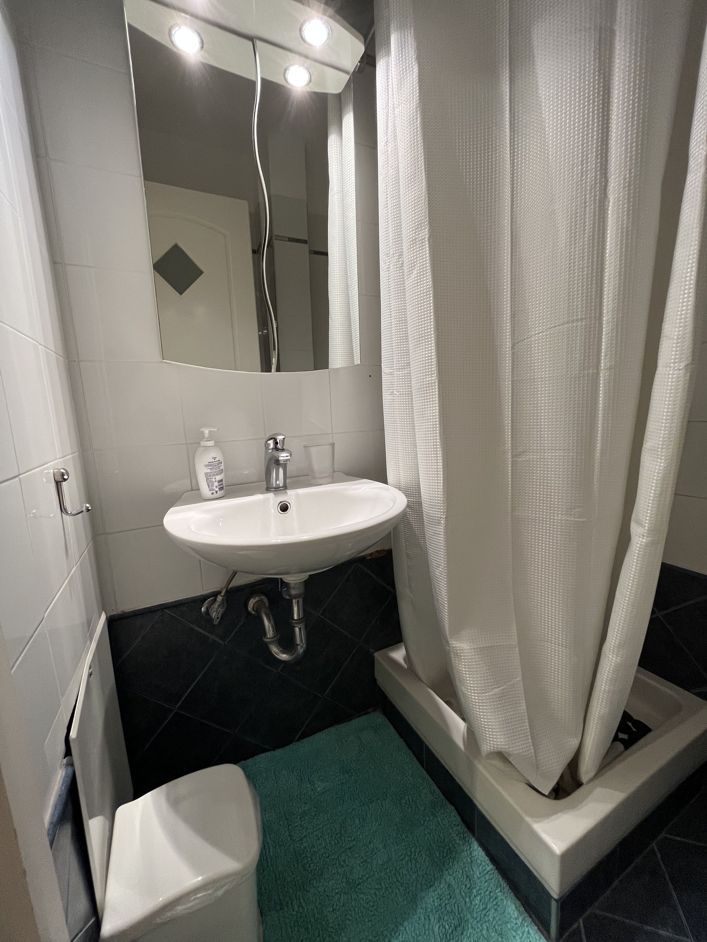A bathroom with a white sink, a mirror, a shower curtain, and a green bath mat.