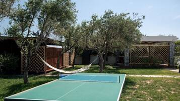 Una mesa de ping pong verde en un patio trasero con árboles y una hamaca.