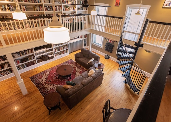 Smart TV, fireplace, DVD player, books