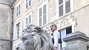 A stone lion statue on a staircase with a building in the background. - Great château close to Bourges  for 15 people (Blet)