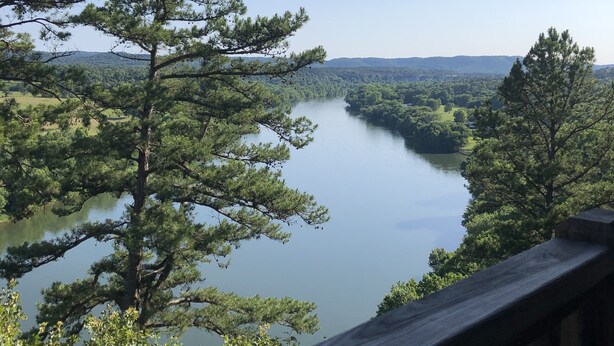A view of a lake surrounded by trees, with a wooden deck in the foreground. - Best view of the river! (Calico Rock)