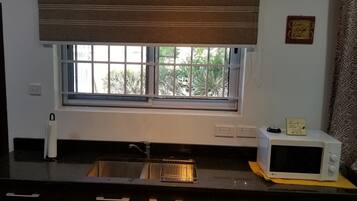 Fridge, microwave, stovetop, electric kettle