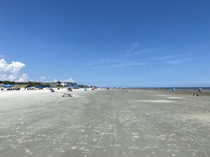 On the beach, sun loungers