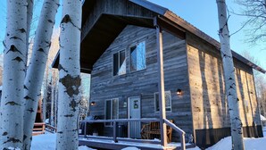 Una cabaña de madera con porche, rodeada de abedules cubiertos de nieve.