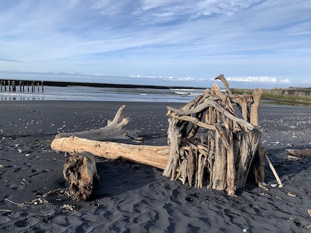Beach nearby, beach towels. Patea Hurleys Retreat House sleeps 8