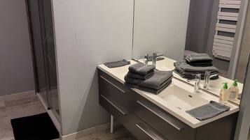 Douche, sèche-cheveux, serviettes fournies, papier toilette