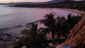 A beach with palm trees and mountains in the background.