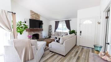 Smart TV, fireplace, books, computer monitors