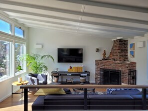 スマートテレビ、暖炉、書庫、ステレオ