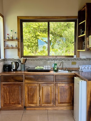 Fridge, microwave, stovetop, coffee/tea maker