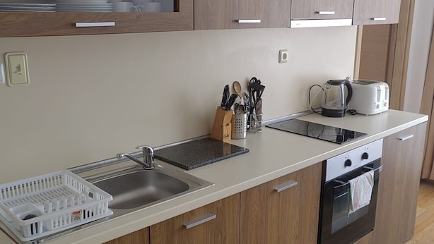 A modern kitchen with wooden cabinets, a stainless steel sink, a toaster, and a kettle. - Stunning 1-bed Apartment in Sunny Beach (Nessebar)