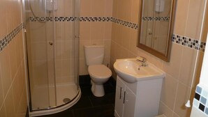 Une salle de bain avec une douche Ă parois de verre, des toilettes et un lavabo avec un miroir au-dessus.