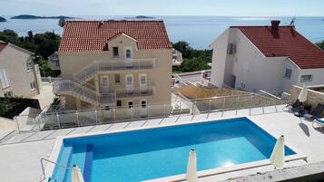 Seasonal outdoor pool, pool umbrellas, pool loungers
