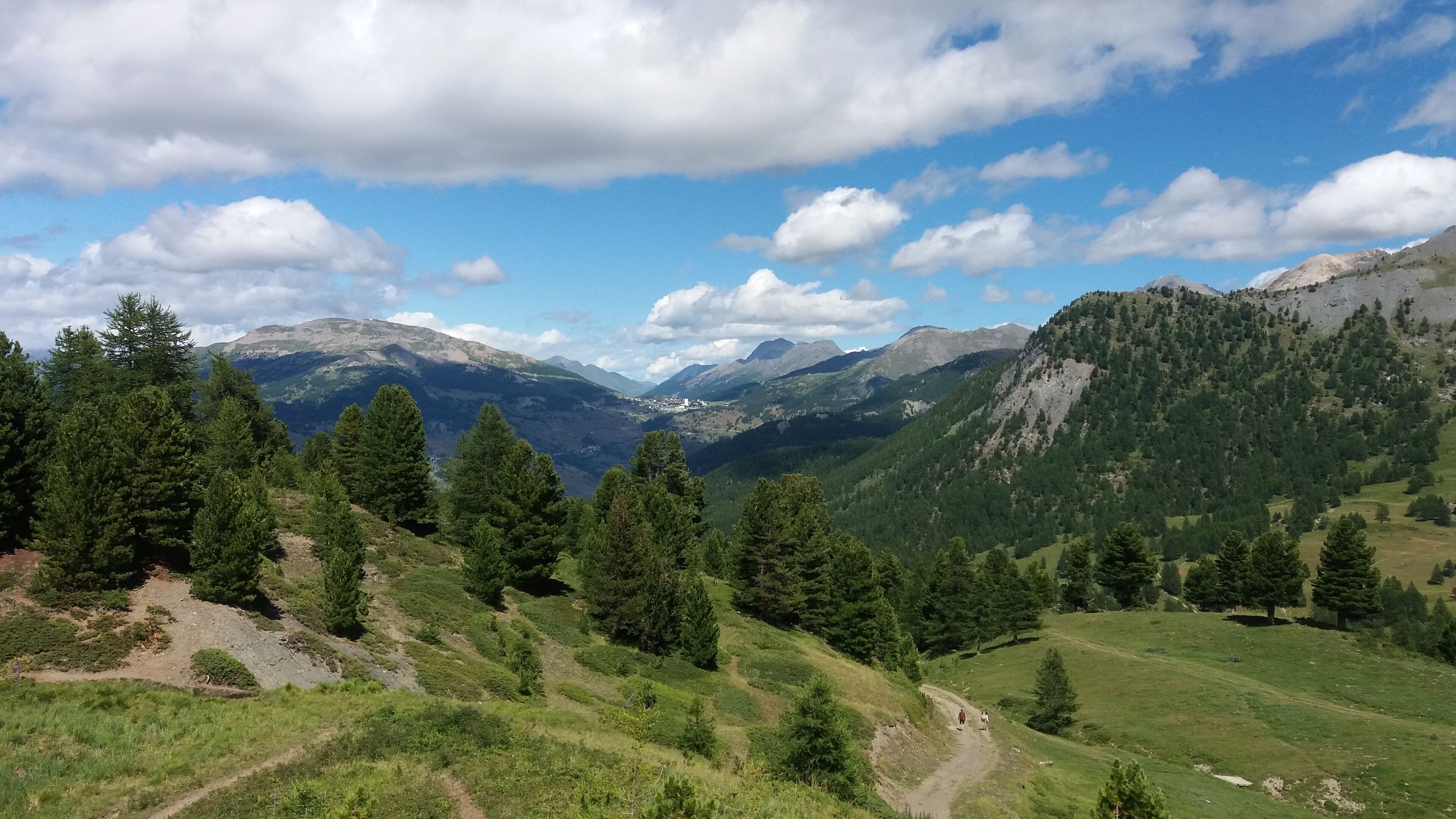 A mountainous landscape with a clear sky, dense forests, and a winding path.