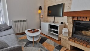 A modern living room with a grey sofa, a white coffee table, a fireplace, a TV mounted on the wall, and a radiator. - 4* family apartment, terrace, garden and fireplace (Briançon)