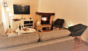 TV connectée, cheminée, lecteur de DVD, chaßne hi-fi