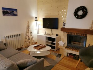 TV connectée, cheminée, lecteur de DVD, chaîne hi-fi
