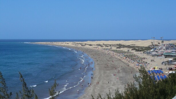 Una playa con cielo despejado, orilla arenosa y algunas sombrillas.