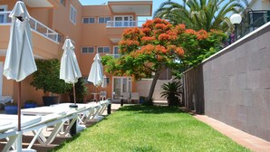 Un patio de hotel con mobiliario exterior, una palmera y un edificio al fondo.