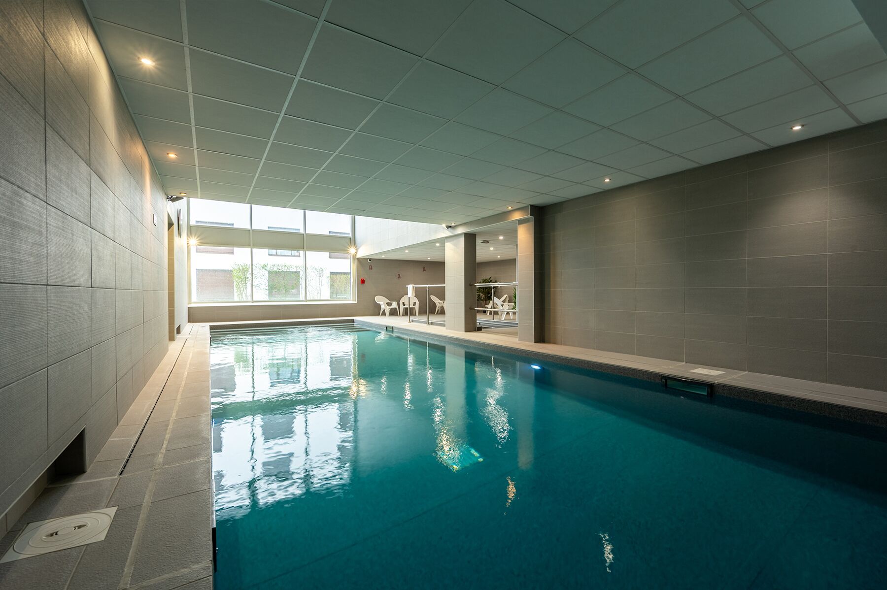 Una piscina interior moderna con agua cristalina, paredes de azulejos y vistas al exterior.