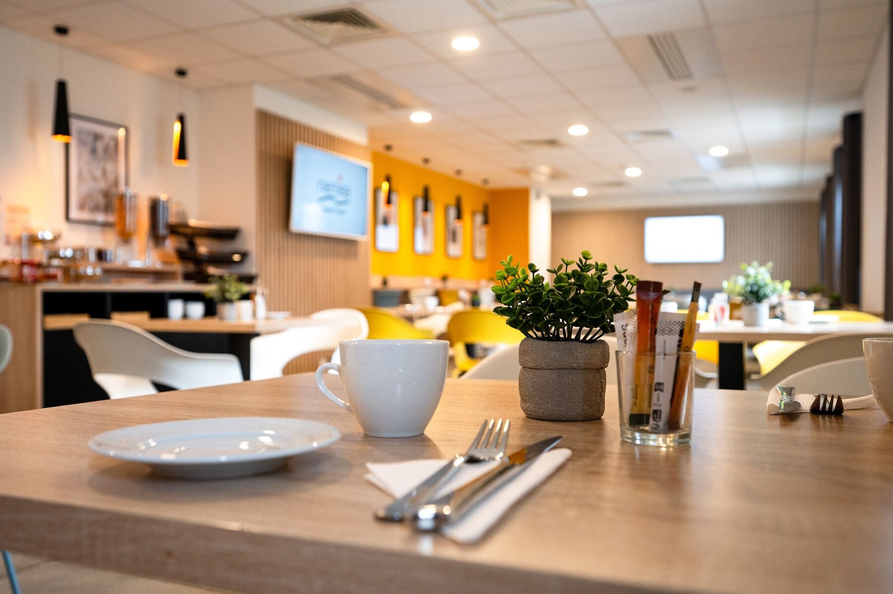 Un coin repas avec une table dressée pour deux personnes, comprenant une tasse blanche, des couverts et une petite plante en pot.