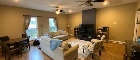 Smart-tv, pejs, bøger, stereoanlæg