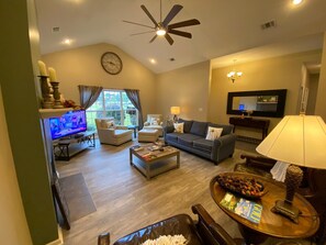 Smart TV, fireplace, books, stereo