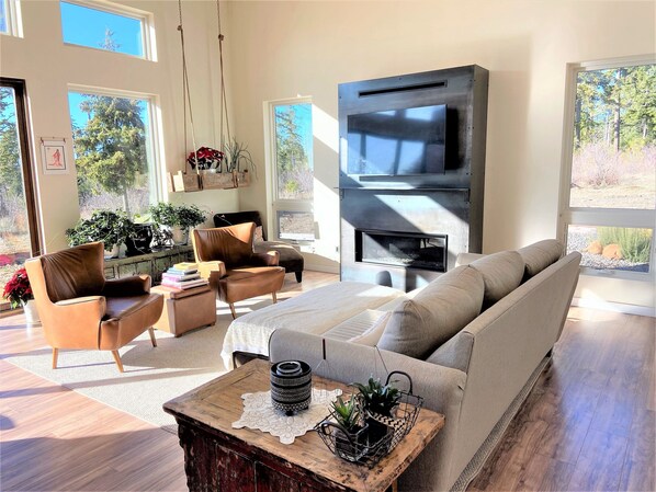 Smart TV, chimenea y libros 