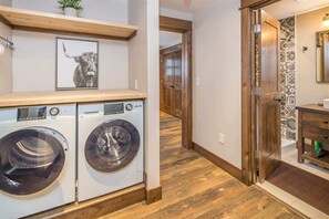 A laundry area with two front-loading washing machines, a wooden shelf with a small plant, and a framed picture of a dog.