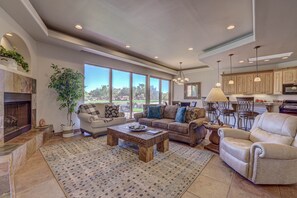 Smart TV, fireplace, DVD player, books