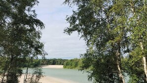 Un río con una playa arenosa y árboles densos a ambos lados.