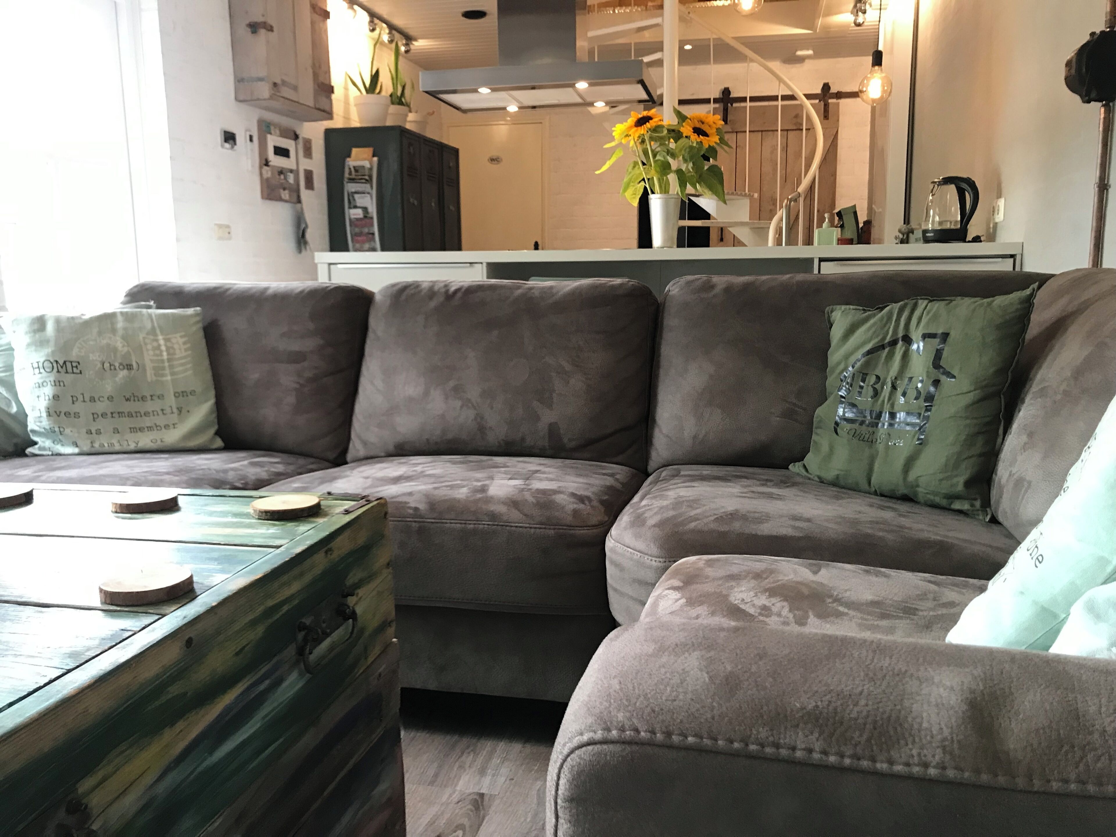 A living room with a grey sofa, a wooden coffee table, and a green pillow.