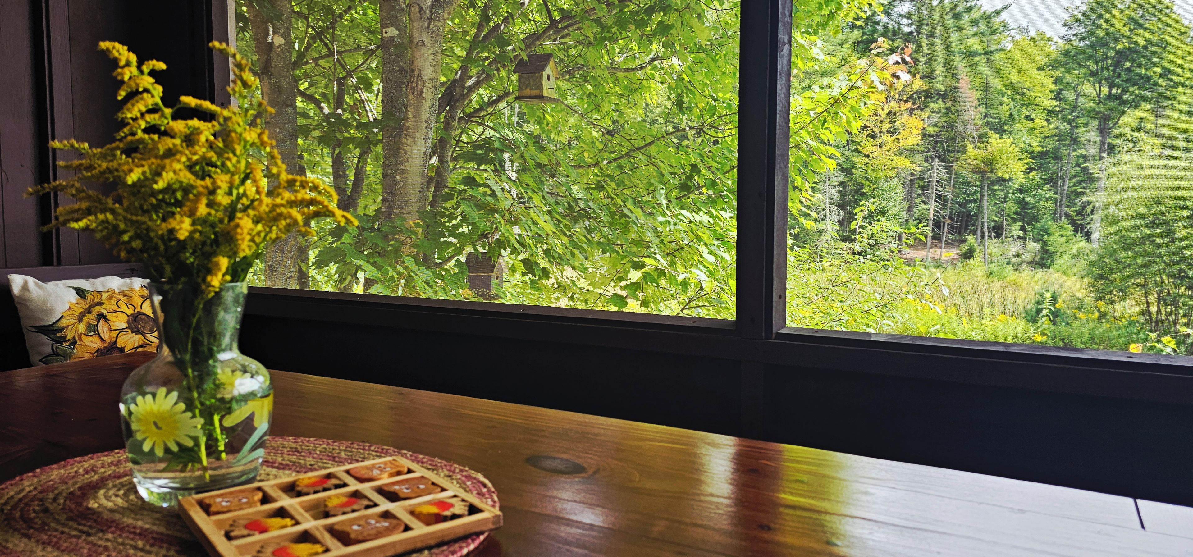 Une fenêtre donnant sur une forêt, une table en bois ornée d’un vase de fleurs et d’un plateau de nourriture.