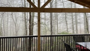 Un espace extérieur abrité, doté d’un plafond en bois et offrant une vue sur une forêt par le biais d’une fenêtre.